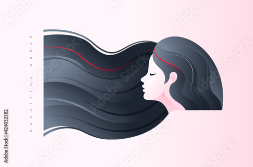 Young girl side face with long grey hair and red highlight, Cute girl with modest expression and closed eyes, Vector illustration of female model, Fashion and beauty.