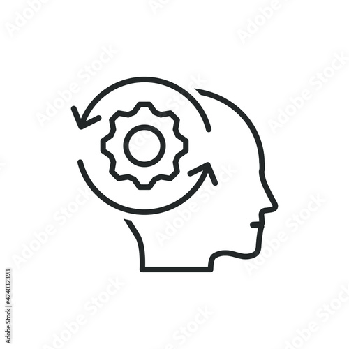 Human head with gear and circular arrow. Adaptation, processing idea icon concept isolated on white background. Vector illustration