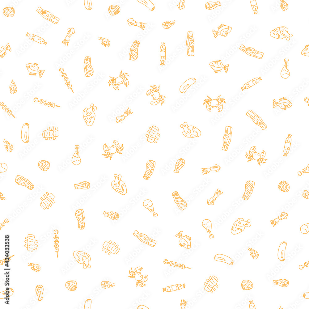 Seamless outline pattern with meat and seafood Seamless outline pattern with meat and seafood