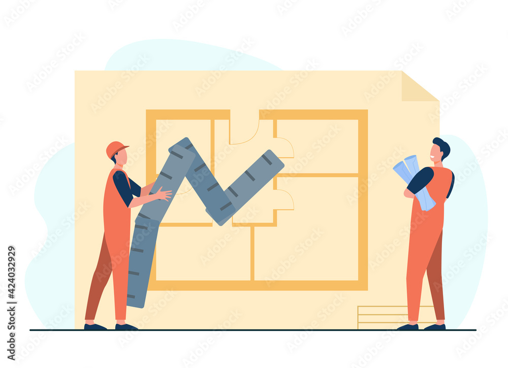Tiny builders studying apartment draft. Engineer, paper, renovation flat vector illustration. Construction and building concept for banner, website design or landing web page Tiny builders studying apartment draft. Engineer, paper, renovation flat vector illustration. Construction and building concept for banner, website design or landing web page