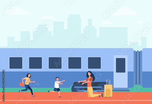 Happy mother meeting children on train station. Baggage, kid, love flat vector illustration. Family and traveling concept for banner, website design or landing web page