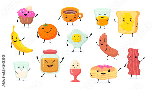 Set of cute funny breakfast food cartoon characters. Flat vector illustration. Kawaii food with smiling faces, hands and legs. Cooking, food, breakfast concept for advertising, apps
