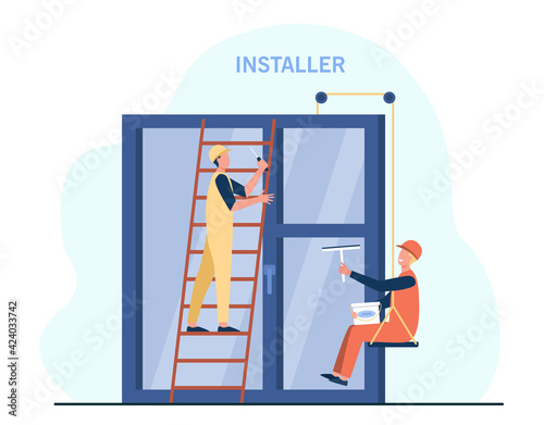 Professional workers installing window. Ladder, installer, glass flat vector illustration. Renovation and construction concept for banner, website design or landing web page