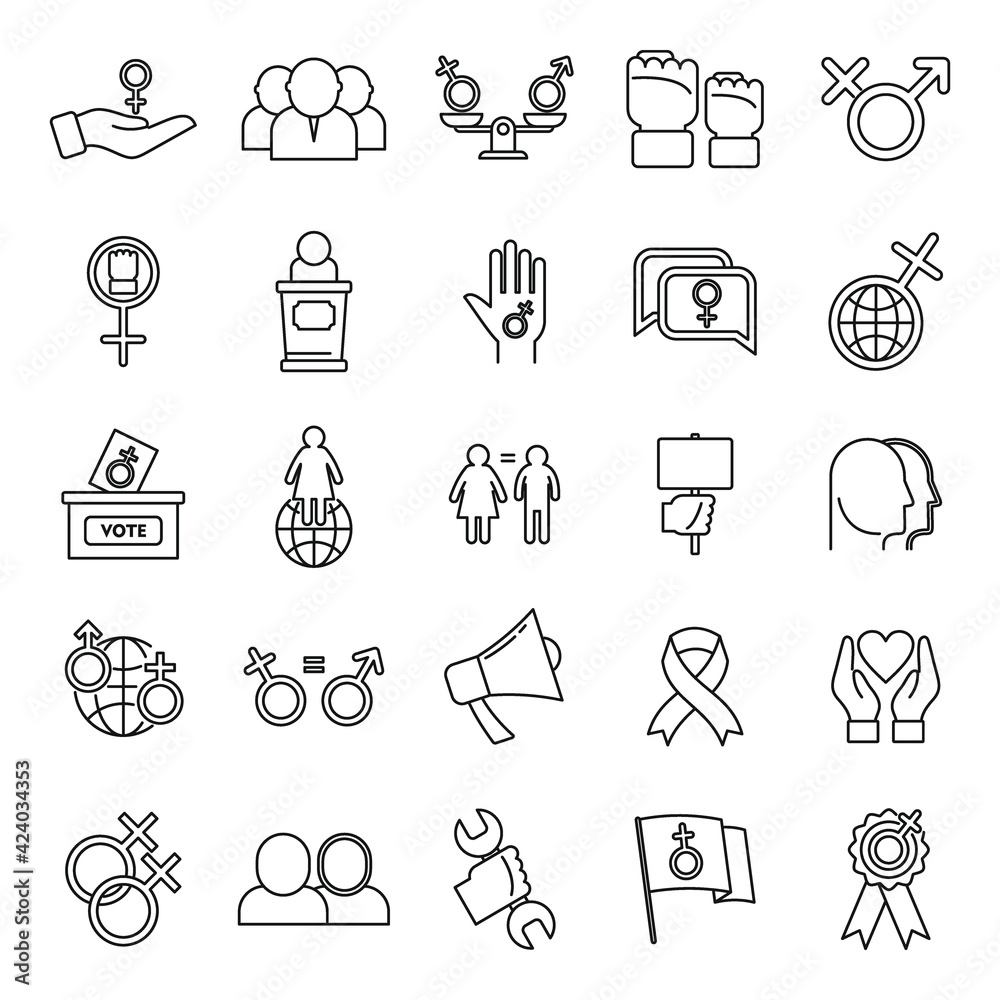 Empowerment girl icons set, outline style Empowerment girl icons set, outline style