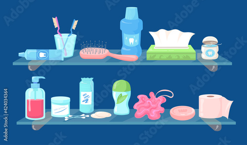 Set of cartoon hygiene care products flat vector illustration. Collection of toiletries, household supplies for personal use. Soap, sponge, cotton pads, swabs on shelves. Hygiene, beauty, care concept