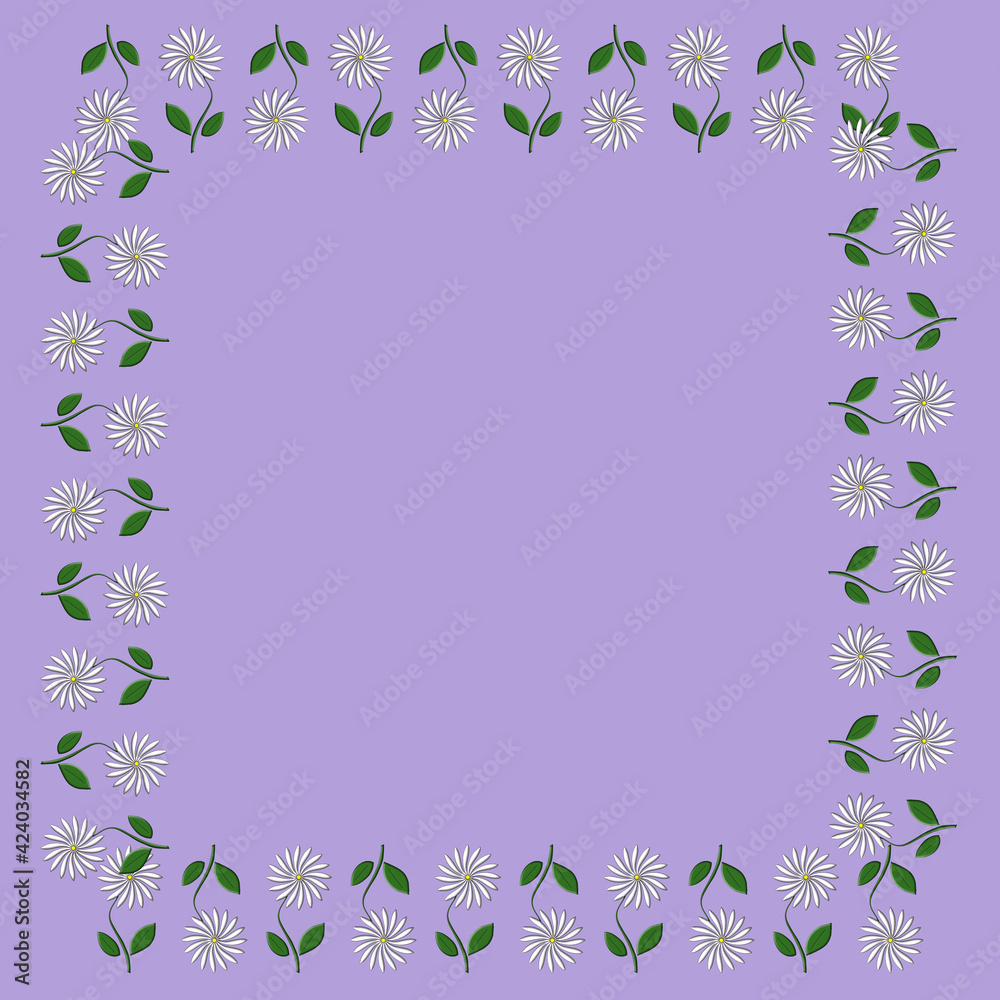 Fototapeta premium An illustration of a square frame border of white daisy flowers on a purple background with space for text