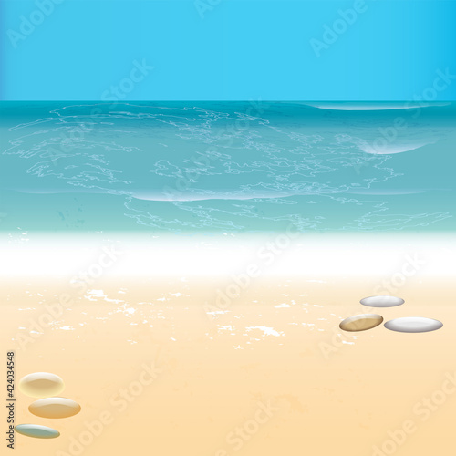 Seascape, surf, sandy coast, cobblestones - vector. Summer travel. Tourism.