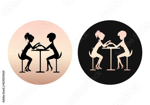 Set of icons for a manicure salon, nail salon, round emblem, silhouette, manicurist paints nails, workplace, women. Vector illustration