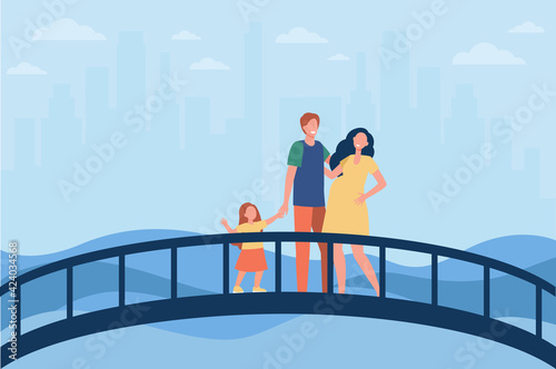 Happy family standing on bridge together. Love, pregnancy, kid flat vector illustration. Relationship and parenthood concept for banner, website design or landing web page