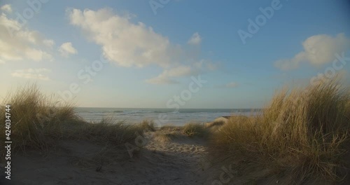 Sand dunes by the beach on sunny afternoon at Perran Sands, North Cornish coast photo