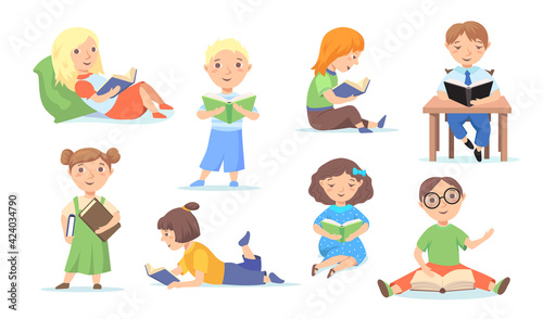 Set of reading or studying children at school, home. Cartoon flat vector illustration. Young, clever readers learning literature isolated on white background. School, hobby, reading, leisure concept