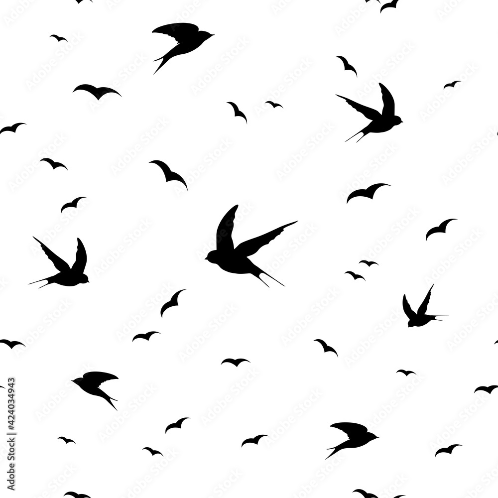 Naklejka Seamless pattern with flying birds silhouettes. Texture on white and transparent background.