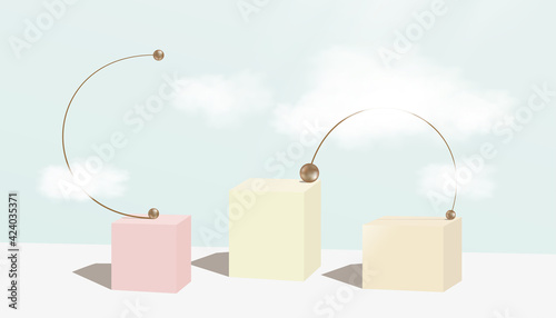 Minimal Podium display showcase with clouds, abstract geometric shape and beads bronze metal on blue background,Vector 3D Mockup stage pedestal platform in pastel colour