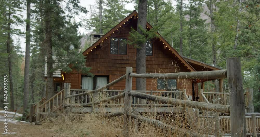 Log cabin nestled in forest landscape, low angle Log cabin nestled in forest landscape, low angle