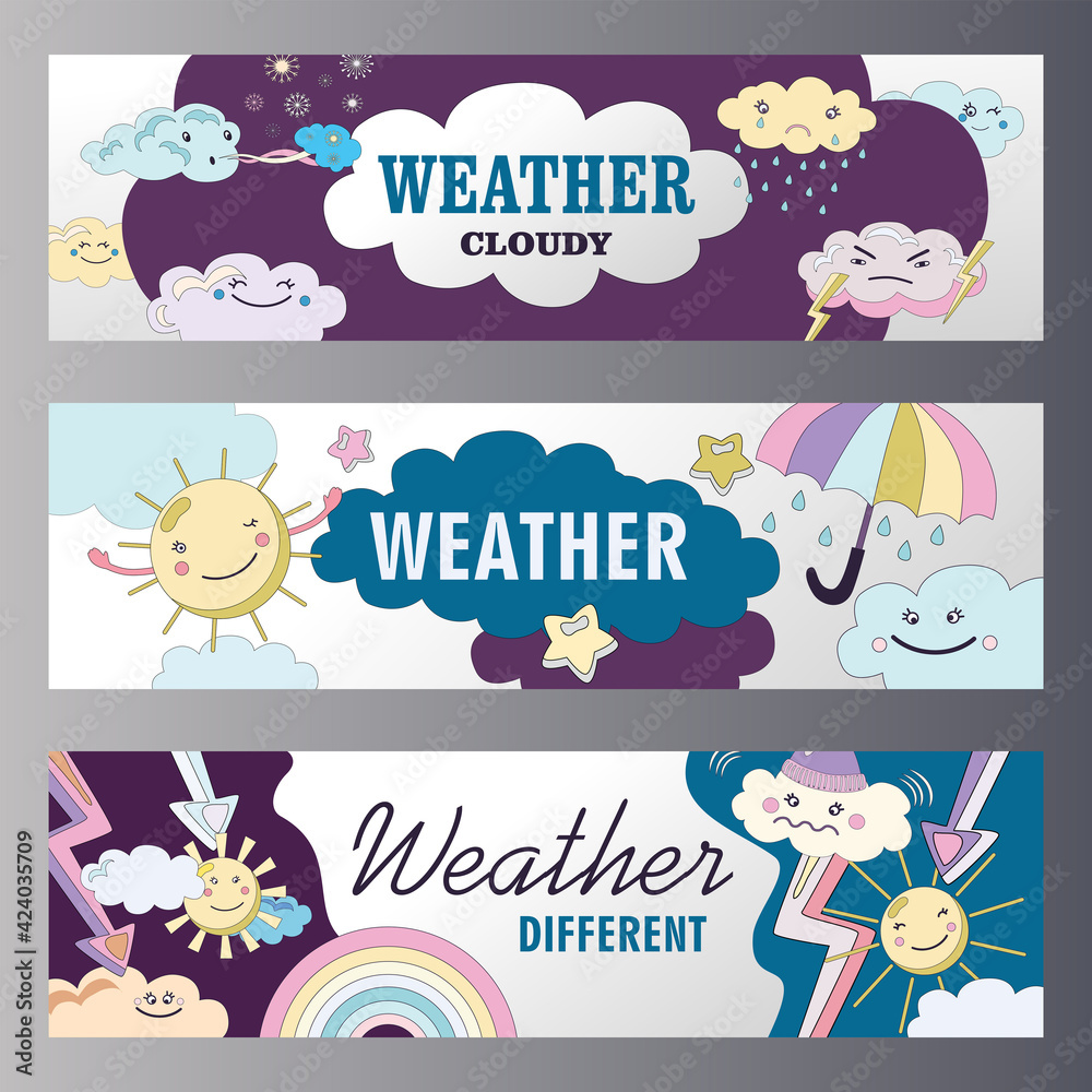 Weather banners set cartoon vector illustration. Different weather themes banners. Cloudy, sunny, rainy conditions with fairy sky characters in flat colorful design. Mood, weather, nature concept