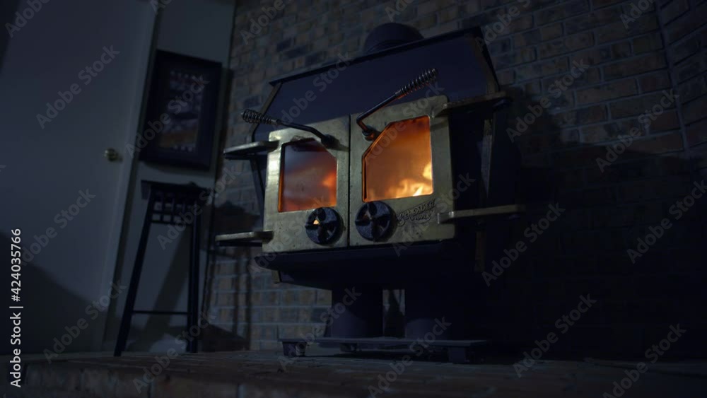 Close up, burning furnace in basement