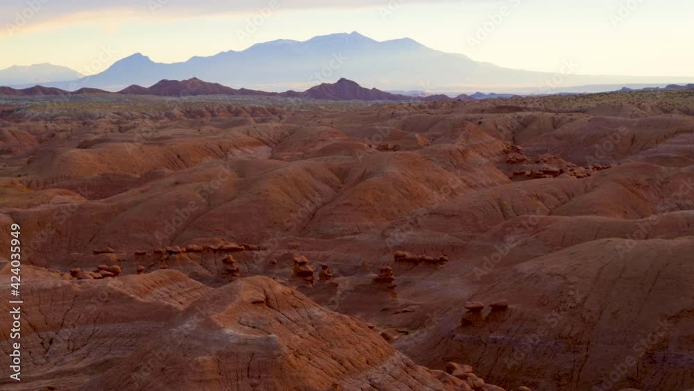 Goblin Valley at sunset, wide aerial Goblin Valley at sunset, wide aerial