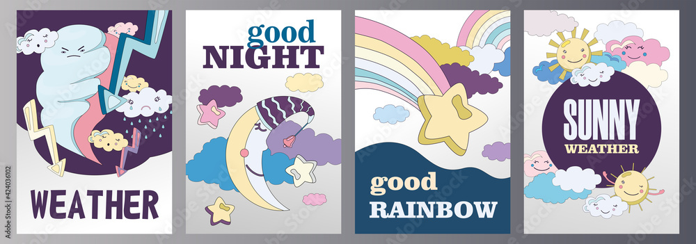 Weather flyers set cartoon vector illustration. Different weather themes banners. Cloudy, sunny, rainy conditions with fairy sky characters in flat colorful design. Mood, weather, nature concept