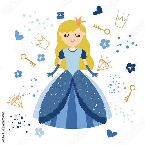 Set with cute little princess with a crown, a heart. Cartoon vector illustration for children. Isolated on white.