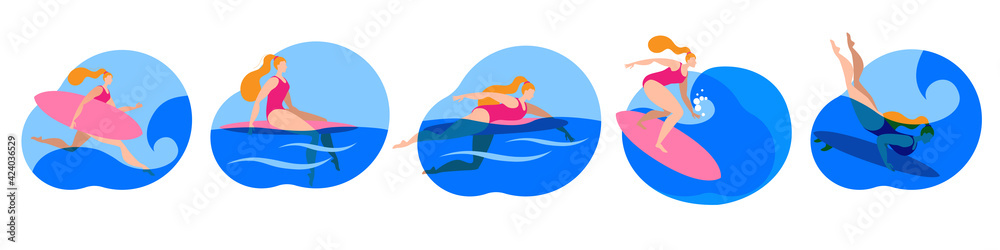 A girl in a swimsuit is surfing. A set of Vector icon in a flat style on the theme of surfing.