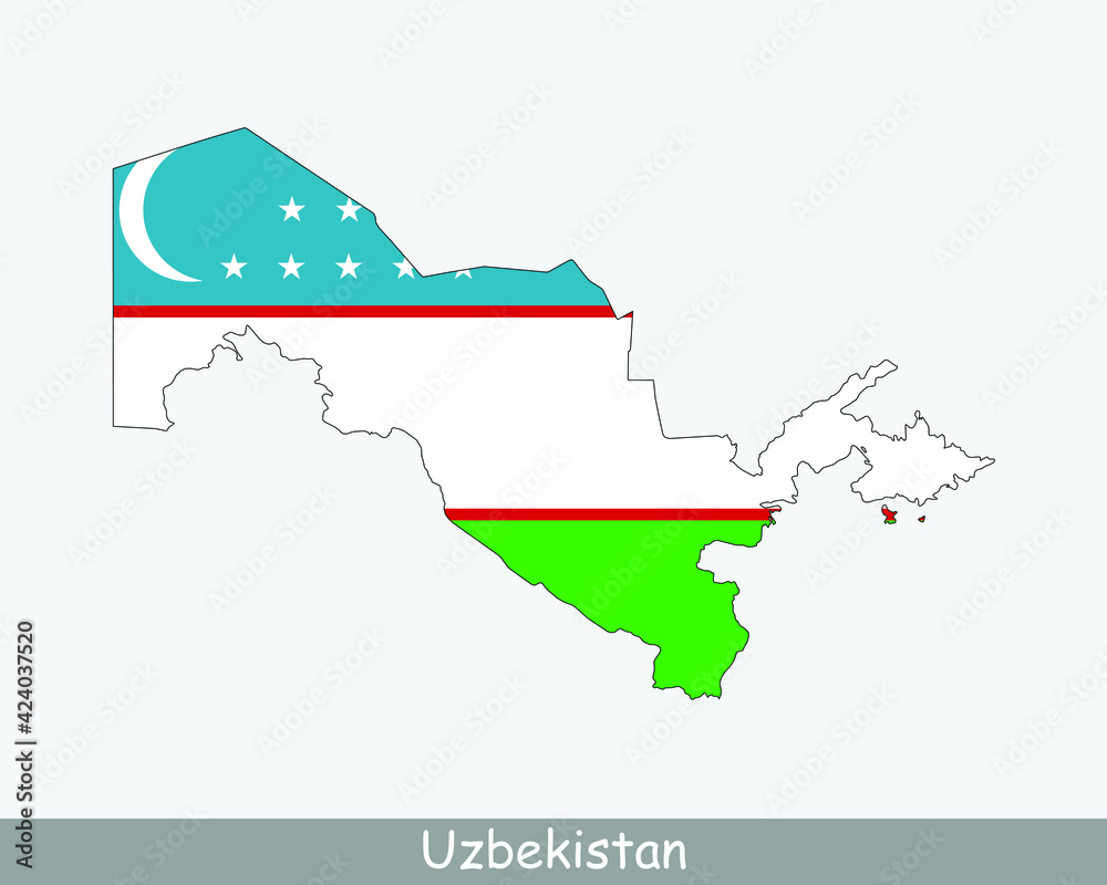 Obraz premium Uzbekistan Flag Map. Map of the Republic of Uzbekistan with the Uzbek national flag isolated on a white background. Vector Illustration.