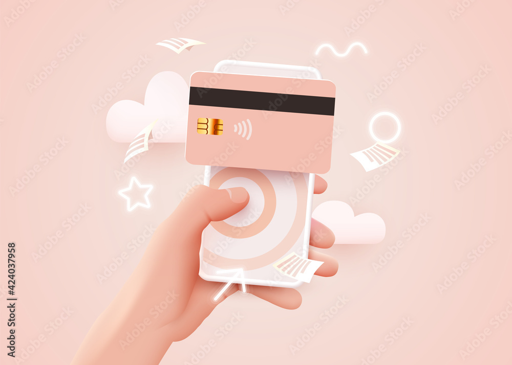 Vecteur Stock Mobile banking app and e-payment. Hand with smartphone and  pay by credit card via electronic wallet wirelessly on phone. Online  banking. Shopping by phone and connected card. | Adobe Stock