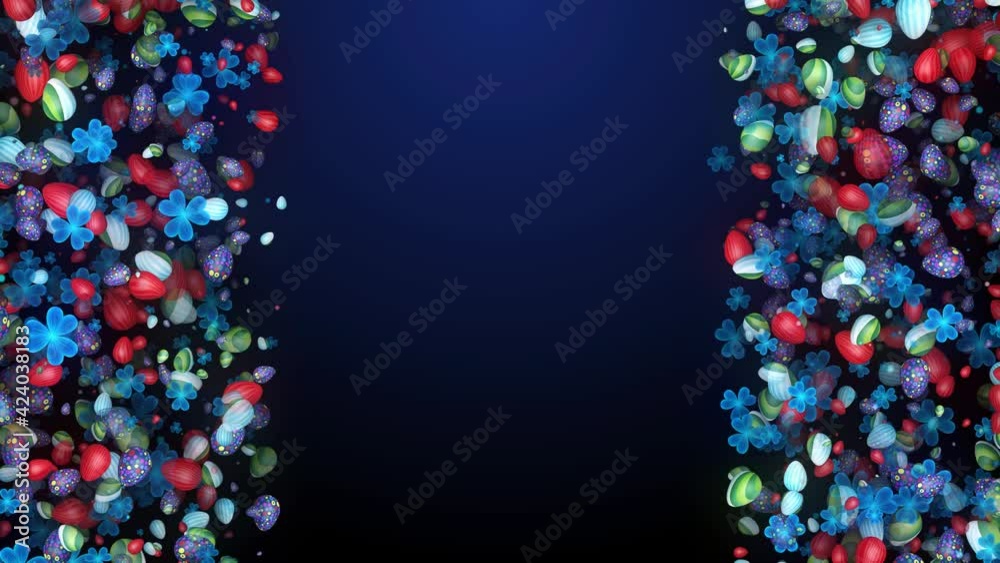 Abstract Holiday Blue Colorful Falling Patterned Easter Eggs And Three Leaf Clovers Border Space On Left And Right For Text Seamless Loop Background Animation 3D Rendering Abstract Holiday Blue Colorful Falling Patterned Easter Eggs And Three Leaf Clovers Border Space On Left And Right For Text Seamless Loop Background Animation 3D Rendering