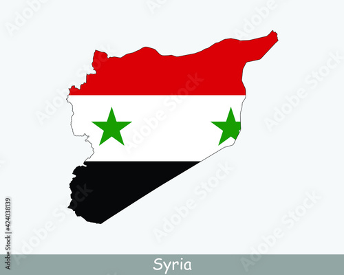 Syria Flag Map. Map of the Syrian Arab Republic with the Syrian national flag isolated on a white background. Vector Illustration.