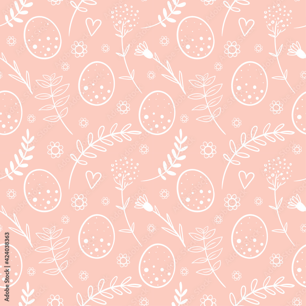 Vector seamless pattern with floral elements. Scandinavian Easter background. Spring illustration. Hand drawn flowers, eggs, floral, leaves. Cute spring and Easter background