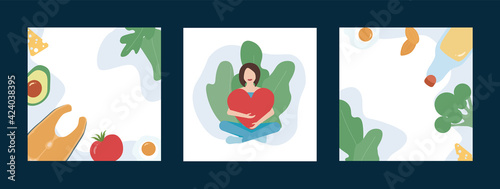 Ketogenic diet, scrambled eggs, avocado, salmon, butter, lettuce, cheese, tomato, almonds, broccoli. Social media template