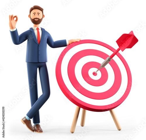Wallpaper Mural 3D illustration of smiling man standing next to a huge target with a dart in the center, arrow in bullseye. Cute cartoon businessman with ok gesture reaching goals. Objective attainment. Torontodigital.ca