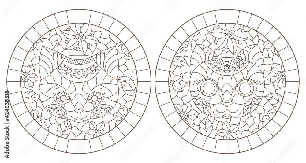 Set of contour illustrations of stained glass windows with portraits of kittens and flowers, dark outlines on a white background, round framed images
