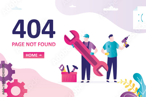 404 error, page not found, landing page template. Two repairman with wrench and drill. Service man in uniform.