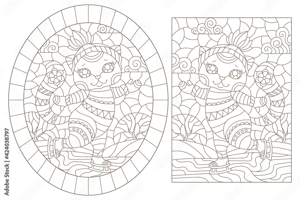 Obraz premium Set of contour illustrations in a stained glass style with cute cats on skates, dark outlines on a white background
