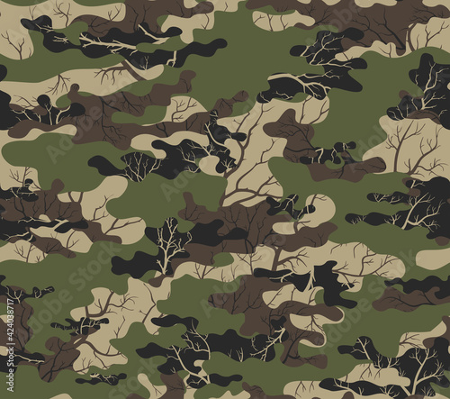 Forest camouflage background, vector trendy print. Seamless texture.
