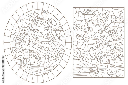 Set of contour illustrations in a stained glass style with cute cats on skates, dark outlines on a white background