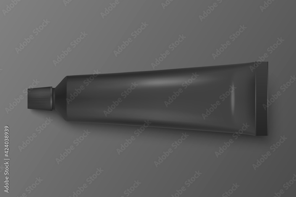 Fototapeta premium Vector 3d Realistic Plastic, Metal Black Tube Icon Closeup Isolated on Black Background. Packaging For Cosmetics, Ointments, Cream, Tooth Paste. Design Template of Toothpaste for Mockup. Top View