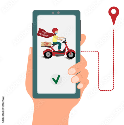 A hand with smartphone, a delivery man on the bike, a delivery service concept, online delivery , flat vector illustration
