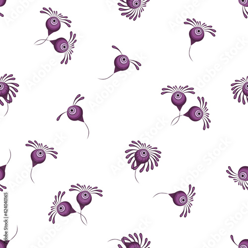 Vector floral seamless pattern with abstract fantasy flowers. Vintage floral texture. Ethnic folk style ornament. Elegant background in purple and white color. Repeat design for tileable print, fabric © Bereletik Art