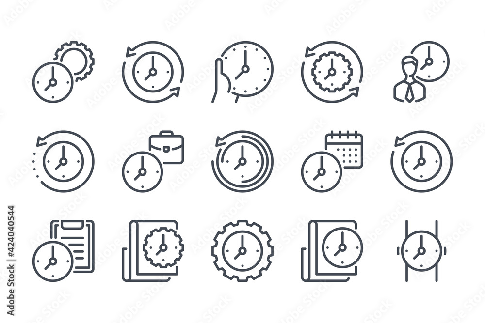 Time management and measurement line icon set. Work time and clock manage linear icons. Watch and time period outline vector sign collection.