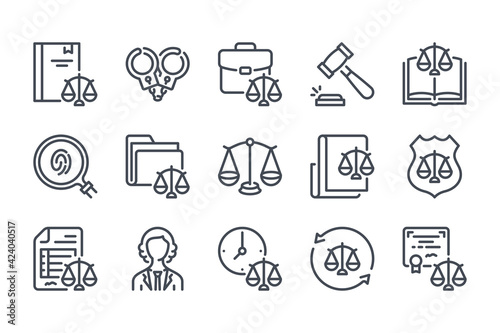 Law and justice line icon set. Judgement and Lawyer linear icons. Court of law and judge outline vector sign collection.