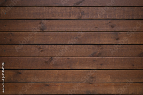 Shabby wooden wall background. Obsolete carpentry boards, panel. Surface of wooden texture for design and decoration. Dark brown horizontal wood plank grunge texture. Natural backdrop. Copy space