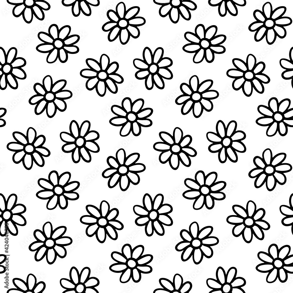 Black contour linear small chamomile flowers isolated on white background. Cute monochrome floral seamless pattern. Vector simple flat graphic hand drawn illustration. Texture. Black contour linear small chamomile flowers isolated on white background. Cute monochrome floral seamless pattern. Vector simple flat graphic hand drawn illustration. Texture.