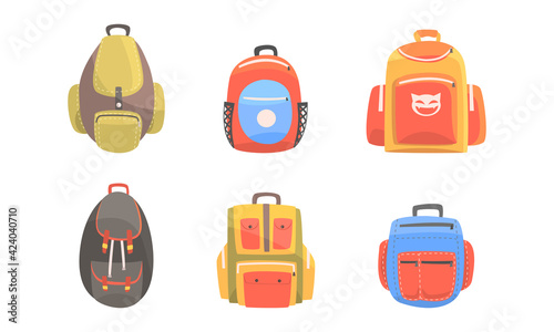 Colorful School Backpacks Collection. Schoolbag for Education Supplies, Sport and Travel Bag Cartoon Vector Illustration © topvectors
