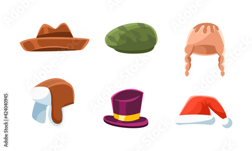 Set of Hats and Headgears, Male and Female Headwear, Classic and Modern Clothes Accessories Cartoon Vector Illustration
