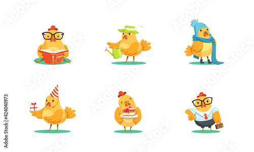 Cute Rooster Character Different Activities Set, Funny Chicken Bird Celebrating Birthday, Working in Office and Garden Cartoon Vector Illustration