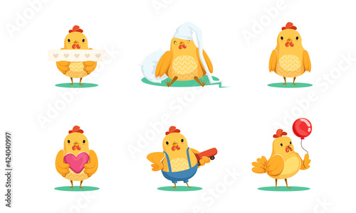 Cute Rooster Character Different Activities Set, Funny Chicken Bird Celebrating Sleeping, Skateboarding, Walking with Inflatable Balloon Cartoon Vector Illustration