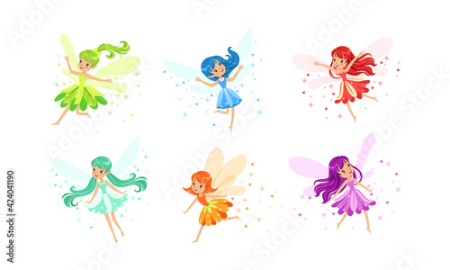 Cute Little Fairies with Wings Set  Charming Long Haired Girls Dressed Pretty Colorful Dresses Cartoon Vector Illustration