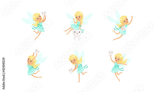 Lovely Little Tooth Fairy Set, Cute Blonde Girl with Wings in Blue Dress Flying with Tooth Cartoon Vector Illustration