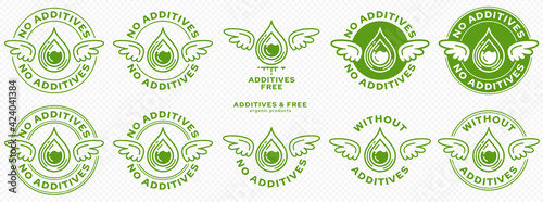 Concept for product packaging. Labeling - without additives. The stamp with wings, drop and liquid ingredient line is a symbol of freedom from the ingredient. Vector elements.